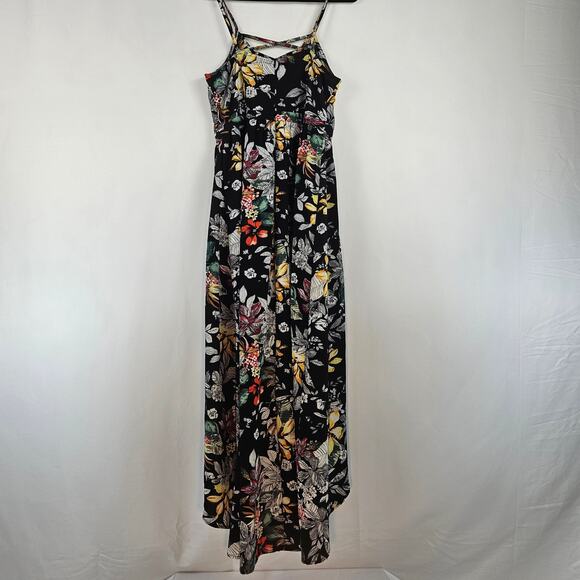 A. Calin Black Floral Stretch Shorts Romper w/ Open Front Maxi Overlay Dress L - Picture 2 of 11
